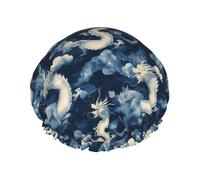Large Shower Caps for Women Reusable - Cool Dragon Blue Print Double Layer Hair Cap for Shower with Peva Lining and Elastic Rope