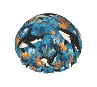 Large Shower Caps for Women Reusable - Double Cartoon Underwater Killer Whale Print Layer Hair Cap for Shower with Elastic Rope and Peva Lining