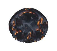 Large Shower Caps for Women Reusable - Double Cool Fire Mountain Dragon Print Layer Hair Cap for Shower with Elastic Rope and Peva Lining