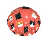 Large Shower Caps for Women Reusable - Double Cute Cartoon Cats Print Layer Hair Cap for Shower with Elastic Rope and Peva Lining