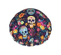 Large Shower Caps for Women Reusable - Fashion Comfy Boho Style Skull (A) Print Double Layer Hair for Shower with Elastic Rope and Peva Lining