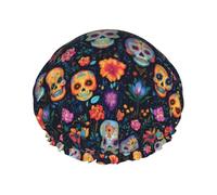 Large Shower Caps for Women Reusable - Fashion Comfy Boho Style Skull Print Double Layer Hair for Shower with Elastic Rope and Peva Lining