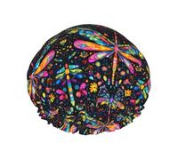 Large Shower Caps for Women Reusable - Fashion Comfy Colorful Dragonfly Print Double Layer Hair for Shower with Elastic Rope and Peva Lining