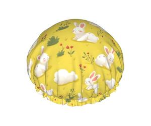 Large Shower Caps for Women Reusable - Fashion Comfy Cute Bunny Clouds Print Double Layer Hair for Shower with Elastic Rope and Peva Lining