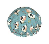 Large Shower Caps for Women Reusable - Fashion Comfy Cute Cow Flower Print Double Layer Hair for Shower with Elastic Rope and Peva Lining