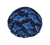 Large Shower Caps for Women Reusable - Fashion Comfy Cyber Shark Blue Print Double Layer Hair for Shower with Elastic Rope and Peva Lining