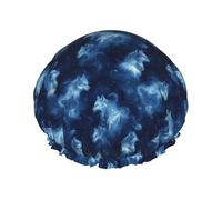 Large Shower Caps for Women Reusable - Fashion Comfy Fantasy Star Blue Wolf Print Double Layer Hair for Shower with Elastic Rope and Peva Lining