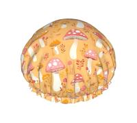 Large Shower Caps for Women Reusable - Fashion Comfy Mushroom Pink Orange Print Double Layer Hair for Shower with Elastic Rope and Peva Lining
