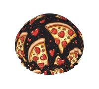 Large Shower Caps for Women Reusable - Fashion Comfy Pizza Love Heart Pattern Print Double Layer Hair for Shower with Elastic Rope and Peva Lining