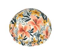 Large Shower Caps for Women Reusable - Fashion Comfy Retro Lily Print Double Layer Hair for Shower with Elastic Rope and Peva Lining
