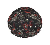 Large Shower Caps for Women Reusable - Fashion Comfy Skull Motorcycle Cool Print Double Layer Hair for Shower with Elastic Rope and Peva Lining