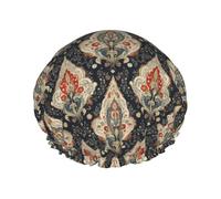 Large Shower Caps for Women Reusable - Fashion Comfy Vintage Boho Pattern Print Double Layer Hair for Shower with Elastic Rope and Peva Lining