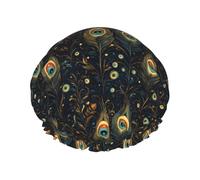 Large Shower Caps for Women Reusable - Fashion Comfy Vintage Feather Eyes Print Double Layer Hair for Shower with Elastic Rope and Peva Lining