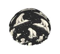 Large Shower Caps for Women Reusable - Fashion Comfy White North Pole Bear Black Print Double Layer Hair for Shower with Elastic Rope and Peva Lining