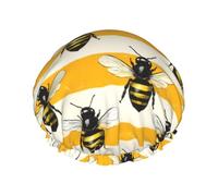 Large Shower Caps for Women Reusable - Fashion Comfy Yellow Striped Bee Print Double Layer Hair for Shower with Elastic Rope and Peva Lining