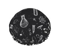 Large Shower Caps for Women Reusable - Science Lab Doodle Pattern Print Double Layer Hair Cap for Shower with Peva Lining and Elastic Rope