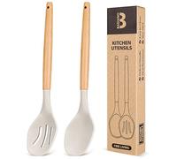 Large Silicone Cooking Spoons, 2 Pack Nonstick Solid and Slotted Wooden handle Spoon Set, Heat Resistan Silicone Kitchen Spoons for Cooking, Serving, Basting, Mixing (2 hooks included, Khaki)