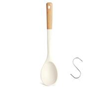 Large Silicone Cooking Spoons, Nonstick Solid Wooden Handle Kitchen Spoons, Heat Resistant Silicone Rubber Spoonula for Cooking, Serving, Basting, Mixing Tool, 13.2inch, Flexible Scraper (White)
