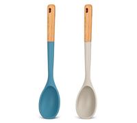 Large Silicone Cooking Spoons, Nonstick Solid Wooden Handle Spoon, Heat Resistan Silicone Kitchen Spoons for Cooking, Serving, Basting, Mixing, 13.2inch (Khaki & Blue)