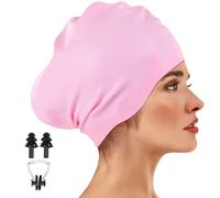 Large Silicone Swimming Cap Set with Ear Plugs Nose Clip Oversized Elastic Soft Swim for Long Thick Hair Ideal Pools Beaches Water