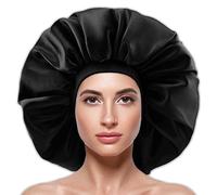 Large Silky Satin Bonnet with Wide Elastic Band, Soft Sleeping Cap Night Hat Big Hair Bonnets Head Cover for Women Curly Natural Long Hair (Black)