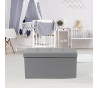 (Large, Silver) Single Double Ottoman Foldable Storage Box Footstool Seat Faux Leather