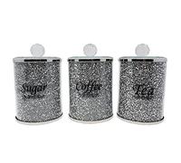Large Silver Sparkle Crushed Diamond Crystal Filled Glass Canister Set - Dazzling Organizers for Tea, Coffee, and Sugar - Elegant Bling Gift for Kitchen - Decorative Home Display Storage, Height,13cms