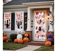 Large Size Bloody Halloween Decorations Stickers 5 Sheets Set, 1 Giant Spooky Door Cover, 2 Large Horror Window Stickers, 2 Scary Bloody Handprint Footprint Stickers, Halloween Party Decal