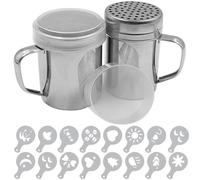 Large Size Chocolate Powder Shaker with Handle, AIFUDA 2pcs Stainless Steel Salt Sugar Shakers Duster for Pepper Cinnamon Powder Flour with Printing Molds Stencils