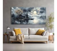 Large Size Panoramic Landscape Wall Art Paintings Moonlit Cabin Posters & Prints Picture Living Room Bedroom(80x160cm/Without frame)