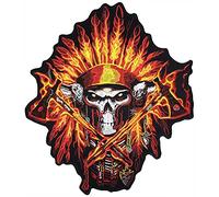 [Large Size] Papapatch Fire Flame Feathered Indian Chief Head Death Skull Biker Motorcycle Jacket Vest Embroidered Sew on Iron on Patch (IRON-FIRE-INDIAN-04-LARGE)