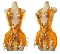 Large Size Pure Hand-Stitched Bodice Rhinestones Appliques Long Feather Decorative Bead Embroidery Trim Patches Exquisite Luxury Accessories for Dress Clothing (Gold)