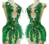 Large Size Pure Hand-Stitched Bodice Rhinestones Appliques Long Feather Decorative Bead Embroidery Trim Patches Exquisite Luxury Accessories for Dress Clothing (Light Green)