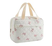 Large Size Quilted Coquette Makeup Bag, Cute Preppy Floral Cotton Travel Cosmetic Organizer Bag with Top Handle, Multi-Layer Travel Toiletry Pouch for Girls, 07White Pink Bow