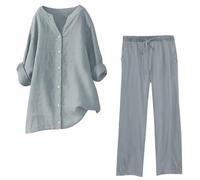 Large Sizes Linen Set Women's Trouser Suit Two Piece Muslin Sets Long Sleeve Top and Long Wide Leg Trousers Set Plain Leisure Suit 2-Piece Outfit Pyjamas Lounge 2-Piece, gray, 3XL