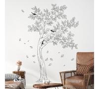Large Sketch Tree Wall Decals, Black Falling Leaves Birds Wall Stickers Vinyl Peel and Stick Wall Decal Self Adhesive Wall Art Sticker for Home Aisle Bedroom Office Sofa Backdrop Wall Decor(H66.5in)