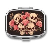Large Skulls Pink Roses Pill Box 2 Compartment Portable Medicine Pill Case Travel Pill Organizer for Pocket Purse