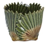 Large & Small Green Palm Leaf Fan Pot Cover, Tropical Print Patterned Pot, Ceramic Retro Glaze Pot, Antique Green Plant Pot Cover, Succulent Planters, Bohemian Pot Planter (Small)