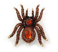 Large Smokey Topaz Coloured Crystal Spider Brooch In Antique Gold Finish - 6cm Length