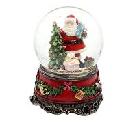 Dekohelden24 Large Snow Globe, Santa Claus with Dog and Gifts, with Sound, on Elaborately Decorated Base, Dimensions (L x W x H): 10 x 10 x 14 cm, Ball Diameter 10 cm
