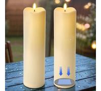 Large Solar Outdoor Flameless Candles, 4"×14" Solar Powered Rechargeable Flickering Pillar Candles, Dusk to Dawn, Waterproof Plastic Fake Candles for Porch Lanterns Patio Decor (Ivory White, Set of 2)