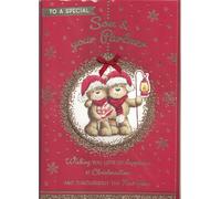Large Son & Partner Christmas Card - “To a Special” Luxury Glitter Red Teddy Bears, Bow-Embellished, 8-Page Verse Insert, 30 x 20 cm, Envelope Included - Cute Traditional Xmas Card for Son & His Partn