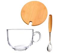 Large Soup Mug with Handles, Transparent Glass Coffee Cup Soup Bowls with Lid & Spoons Breakfast Cup for Oatmeal Salad Dessert Milk, Microwave and Dishwasher Safe-C-450ml/15.2oz