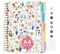 Large Spiral Lined Notebooks for Work With Removable Dividers & Tabs, 8.5"x11" Hardcover 5 Subject Notebook for Note Taking & Organizer, A4 College Ruled Journal for Women & Writing, Wildflowers, 280