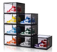 Large Stackable Black Shoe Organizer Boxes for Sneaker Collection 8 Pack, Drop Side Shoe Storage Box with Acrylic Magnetic Clear Door, Fits Size 13 High Tops, Black Shoe Display Case for Closet