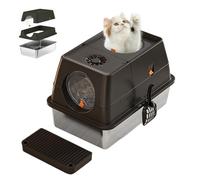Large Stainless Steel Enclosed Cat Litter Box with Lid, Metal Kitty Litter Box with Flip Cover, Removable Top and Litter Scooper, Tall Covered Dog Proof Litter Boxes Black 15.35''