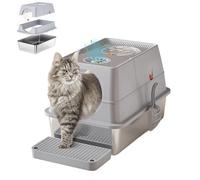 Large Stainless Steel Enclosed Cat Litter Box with Lid, Metal Kitty Litter Box with Flip Cover, Removable Top and Litter Scooper, Tall Covered Dog Proof Litter Boxes Grey 17.32''