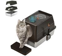 Large Stainless Steel Enclosed Cat Litter Box with Lid, Metal Kitty Litter Box with Flip Cover, Removable Top and Litter Scooper, Tall Covered Dog Proof Litter Boxes Black 17.32''