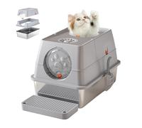 Large Stainless Steel Enclosed Cat Litter Box with Lid, Metal Kitty Litter Box with Flip Cover, Removable Top and Litter Scooper, Tall Covered Dog Proof Litter Boxes Grey 15.35''