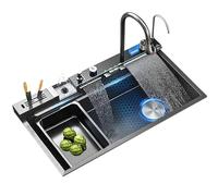 Large Stainless Steel Kitchen Sink with Knife Holder and Digital Display, 88 x 48cm Multifunctional Waterfall Design